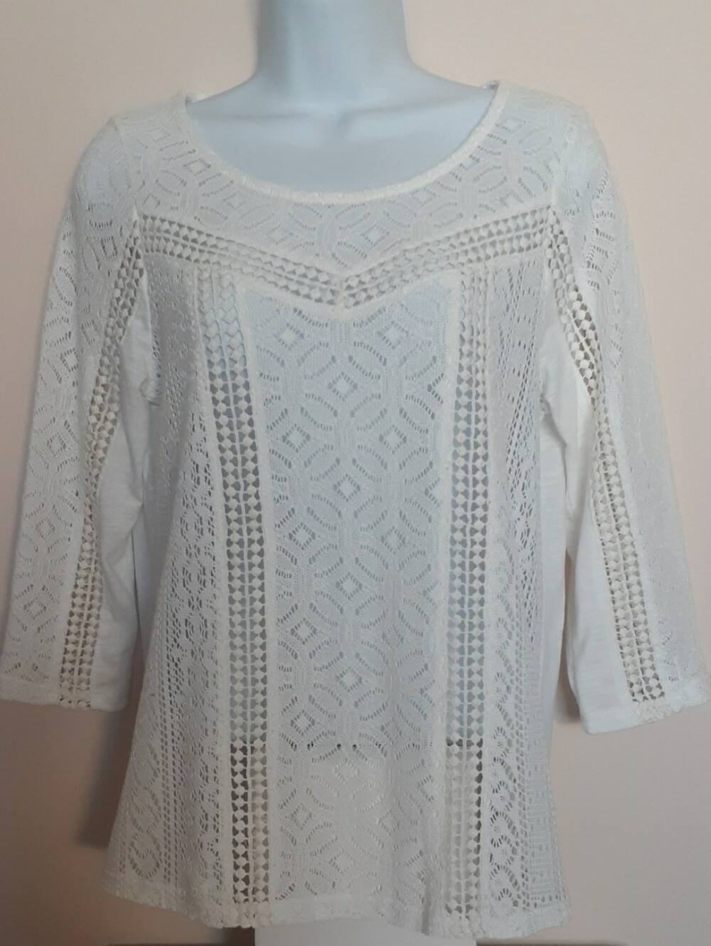 Reitmans White Crochet Lace 3/4 Sleeve Top - Sz Medium
